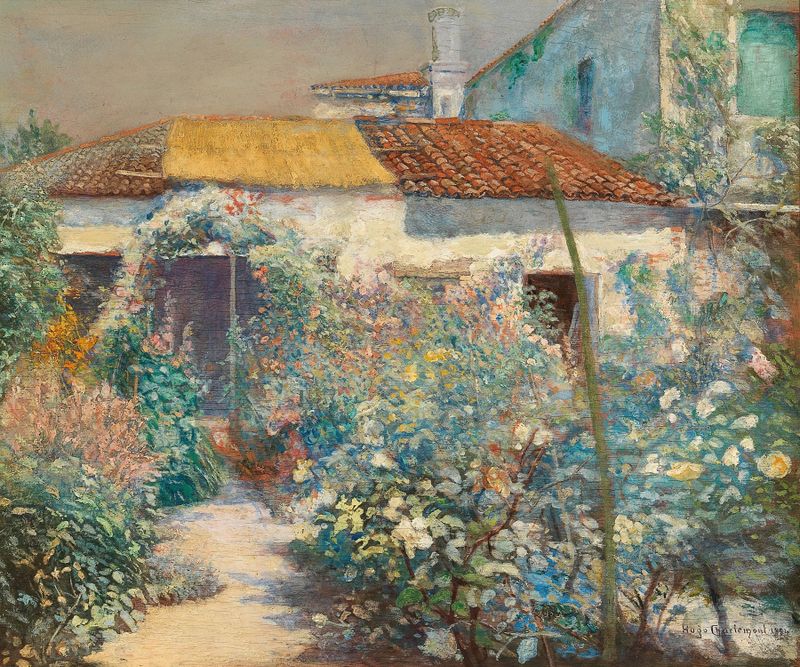 oil painting by Hugo Charlemont depicting a woman in a garden at dusk