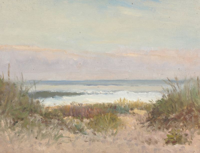 Beach, Grass and Surf by Arthur Turnbull Hill, oil on canvas depicting a serene landscape.