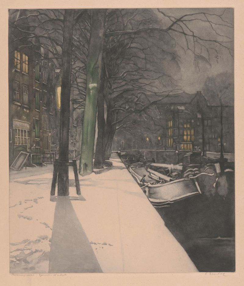 Landscape of Prinsengracht by Frans Everbag, oil painting depicting water reflections and buildings.