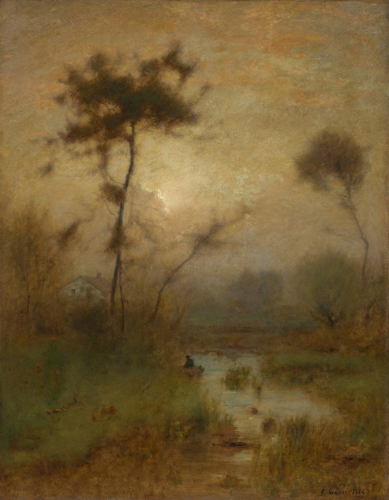 A Silver Morning de George Inness, óleo sobre tela, retratando uma paisagem serena com luz da manhã e silhuetas de árvores.