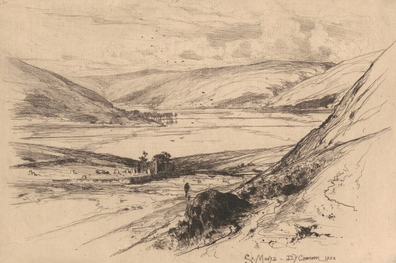 St. Mary’s Loch de David Young Cameron, óleo sobre lienzo que muestra aguas tranquilas y reflejos.