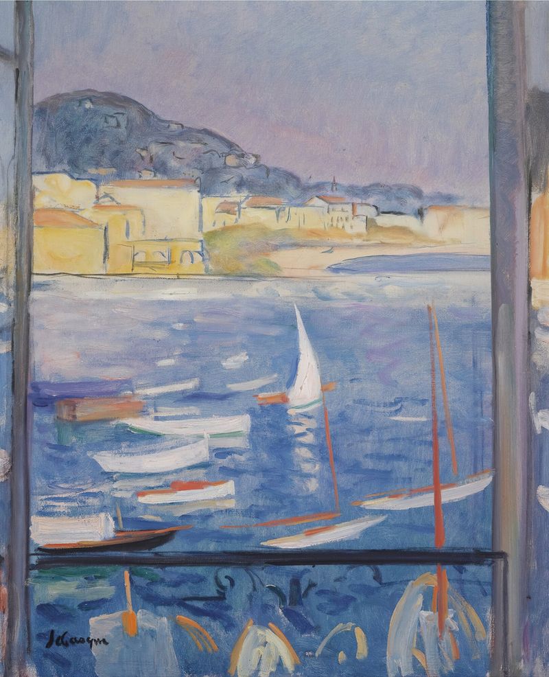Paisagem pastel de uma vista do porto através de uma janela aberta por Henri Lebasque, pintura a óleo