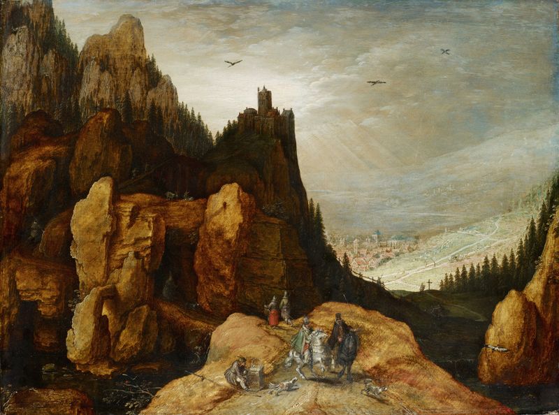 Alpine landscape with castle, oil on canvas by Tobias Verhaecht