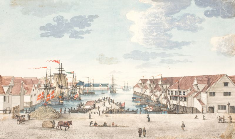 Paisaje de Brygge i Bergen de Johan Christian Dahl, pintura al óleo que representa un pueblo junto al agua.