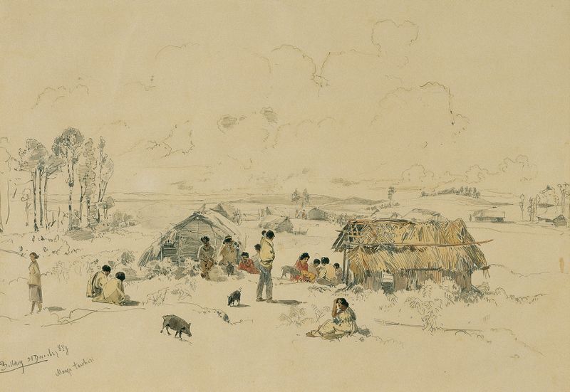 Maori-Dorf am Fluss Mangatawhiri, oil on canvas by Joseph Selleny depicting a river and village.