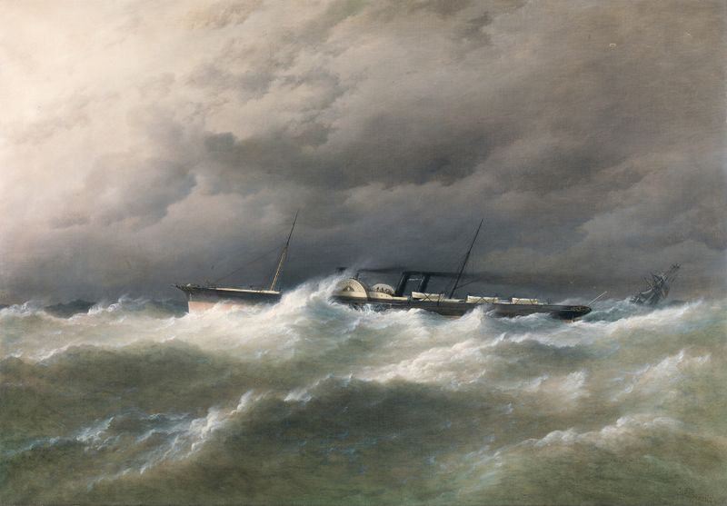 HM Mailboat Connaught by Richard Brydges Beechey, Victorian oil painting of a ship on water.