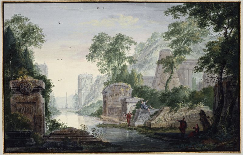 Ancient Grave Ruins in a River Landscape de Abraham Rademaker, pintura al óleo