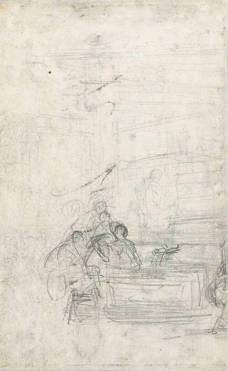Figures in a wine press scene, paper by Charles-François Daubigny