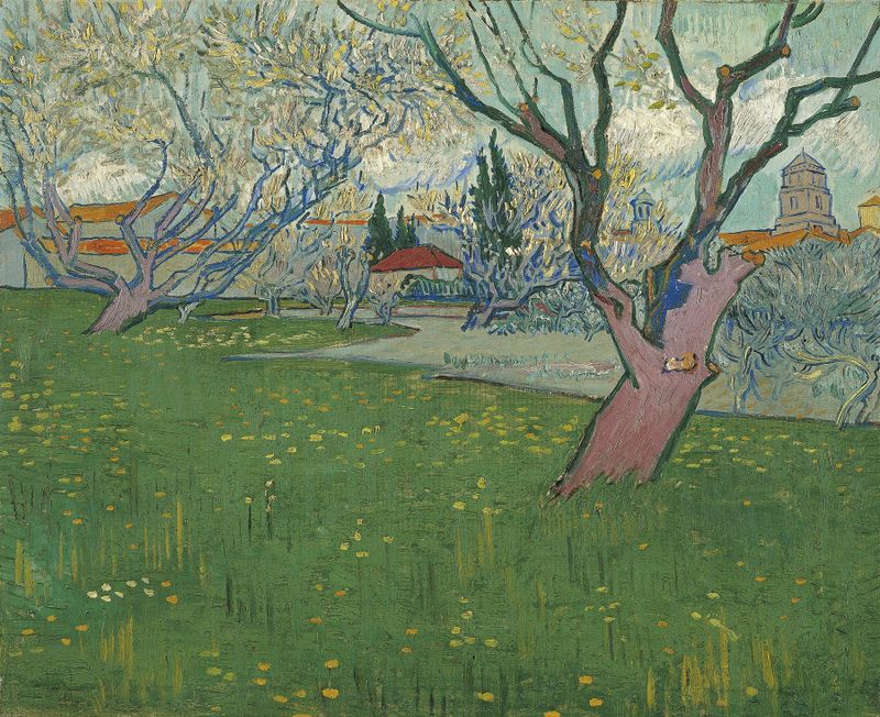 Orchards in blossom óleo de Vincent van Gogh com flores vibrantes e árvores