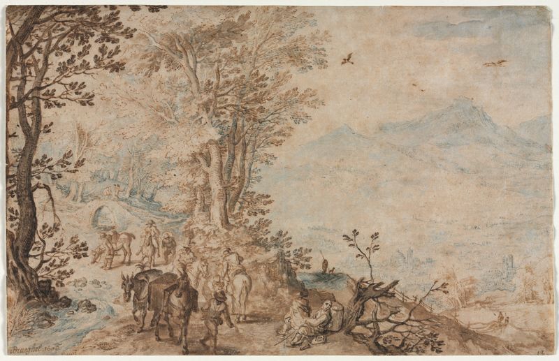 Landscape with Travelers de Jan Brueghel, óleo sobre panel que muestra viajeros en un camino iluminado por el sol.