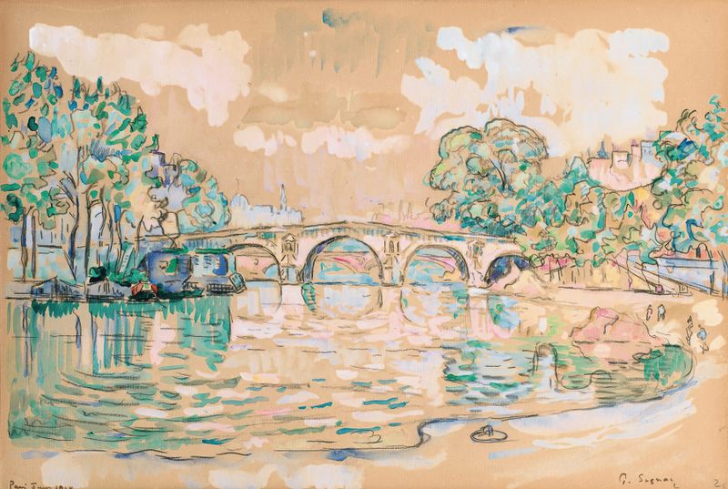 Pintura a óleo pós-impressionista de Paul Signac retratando Le Pont Marie sobre um rio