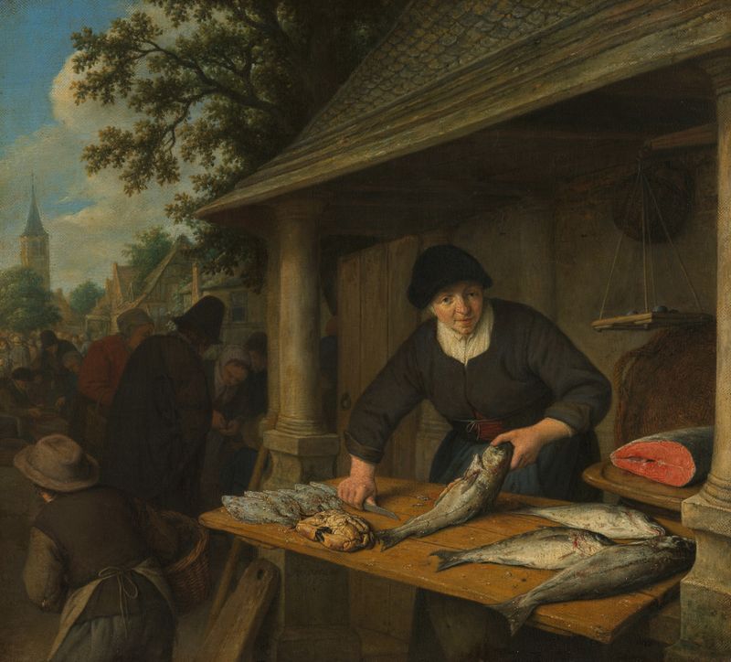 A Peixeira de Adriaen van Ostade, óleo sobre tela mostrando uma mulher com uma cesta de peixes.