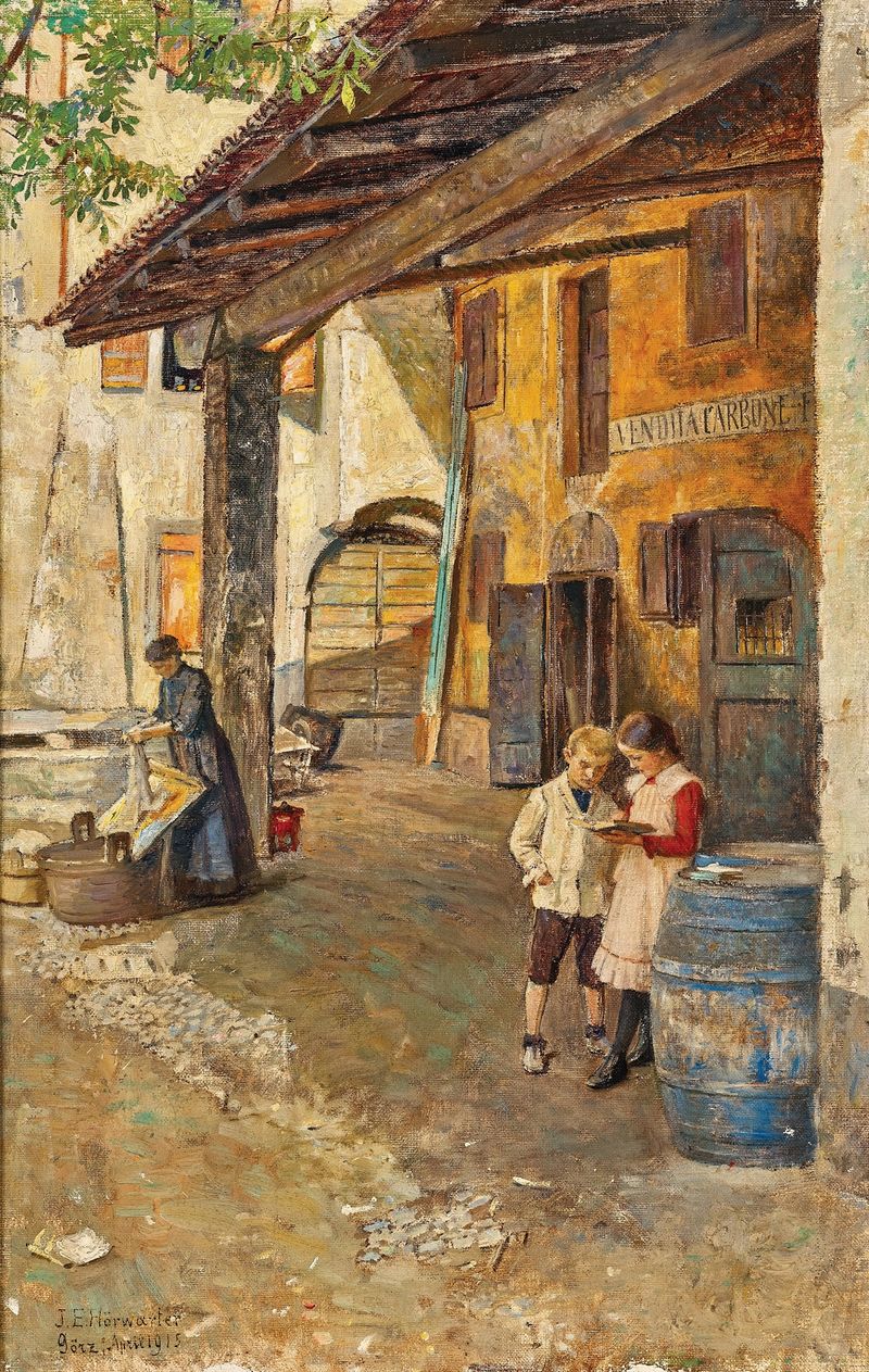 Kohlenhof in Görz de Josef Eugen Hörwarter, óleo sobre tela retratando um movimentado mercado de carvão