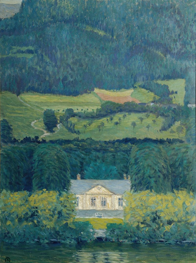 Landhaus am Wasser by Koloman Moser, oil painting of a house by the water.