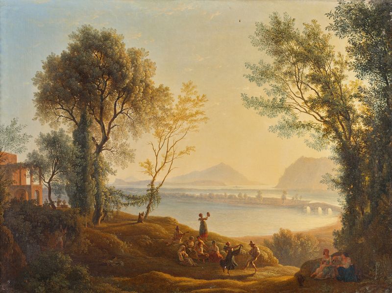 Italienische Landschaft mit Sonnenuntergang by Joseph Rebell, oil painting depicting a sunset over tranquil hills.