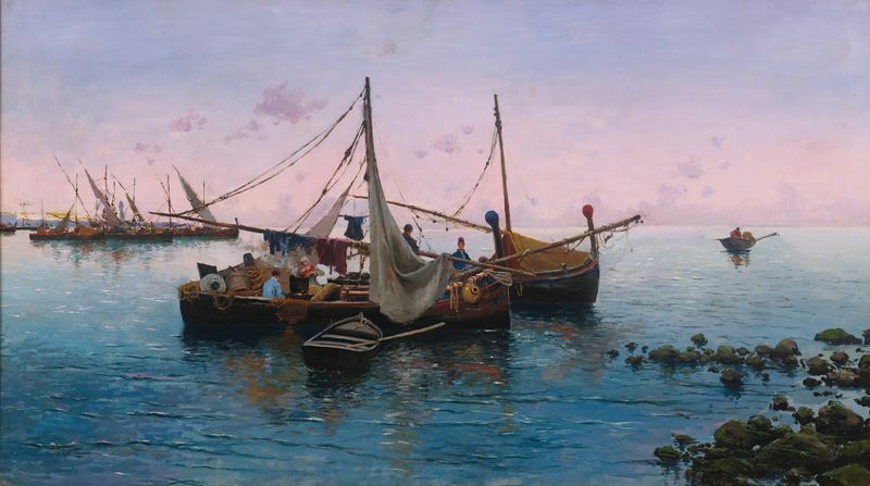 Pintura al óleo de Blas Olleros y Quintana que muestra un puerto al atardecer con suaves olas