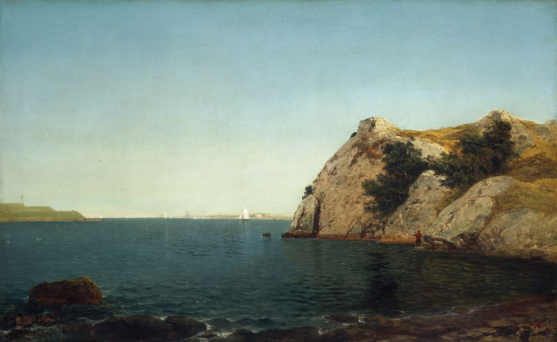 Beacon Rock, Newport Harbor de John Frederick Kensett, pintura al óleo que representa un paisaje marino rocoso.