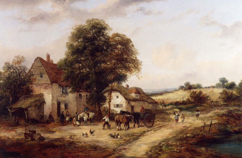 A Farmyard with Figures & Horses by Georgina Lara, realism, depicting serene figures and horses in a tranquil setting.