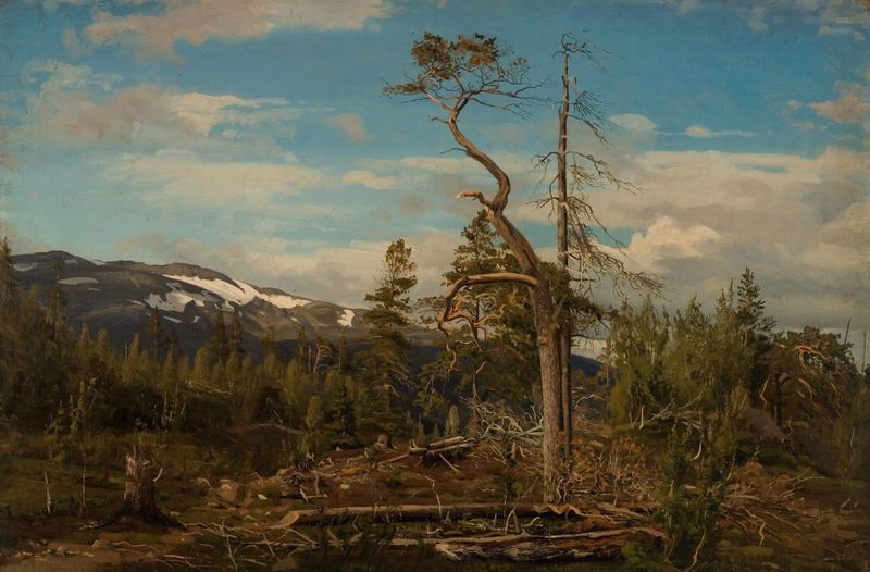 Paisagem do Romanticismo de Amaldus Nielsen, mostrando colinas em cascata e luz solar em um cenário norueguês
