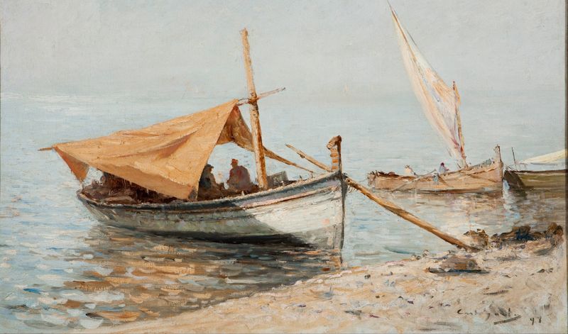 Pintura a óleo de Giovanni Battista Castagneto que retrata uma cena de porto tranquila com reflexos na água.