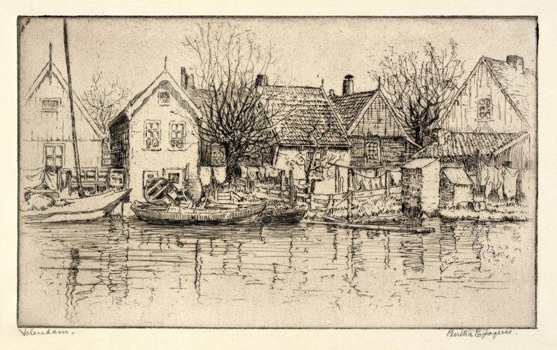 Grabado de una escena de puerto por Bertha Jaques, con agua y edificios.