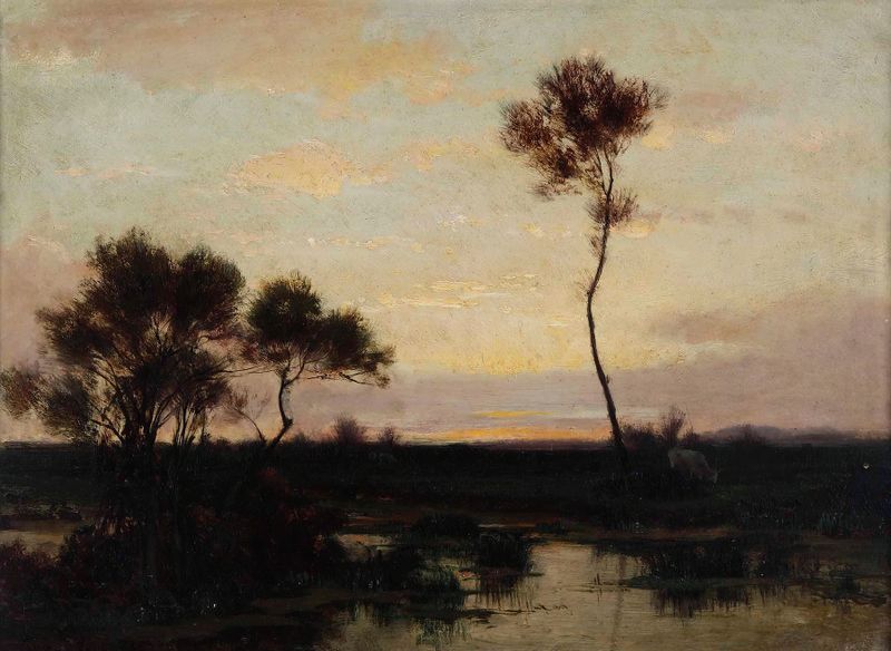 Lake landscape by Théodore Rousseau, oil painting depicting serene waters and nature.