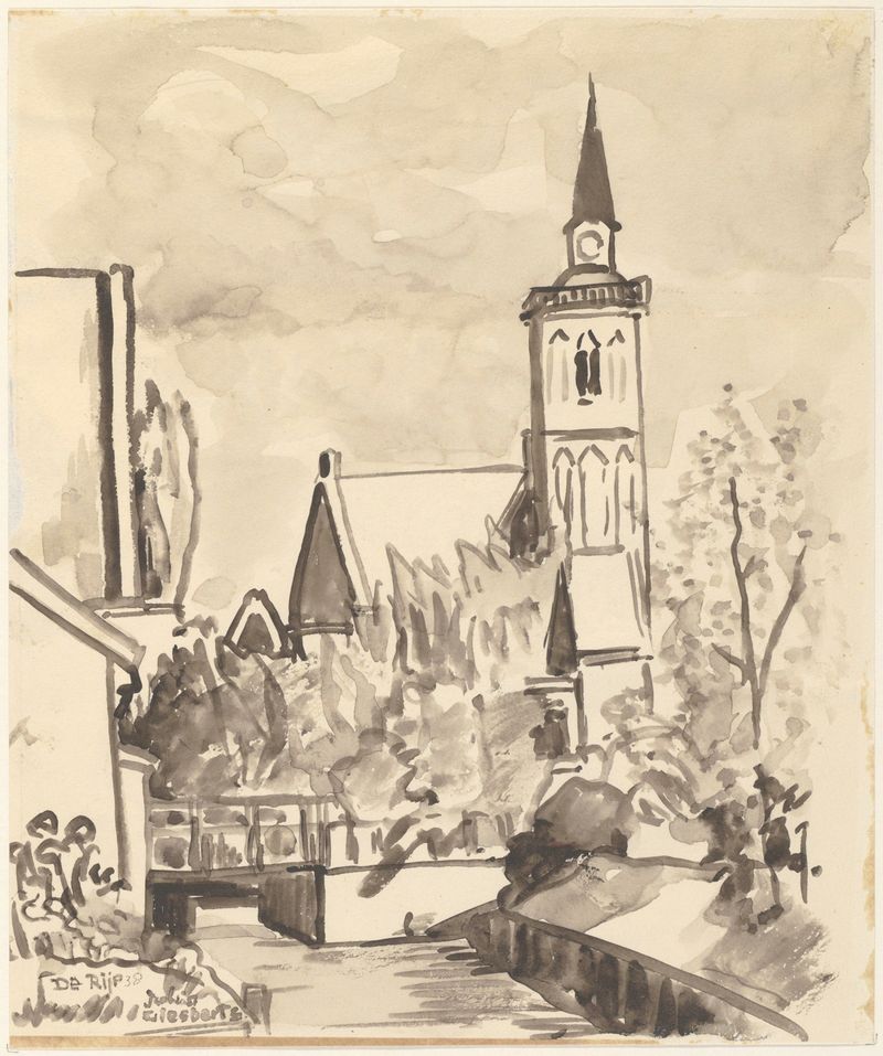Paisaje con una iglesia bajo un cielo tormentoso, óleo sobre lienzo de Julia Giesberts.