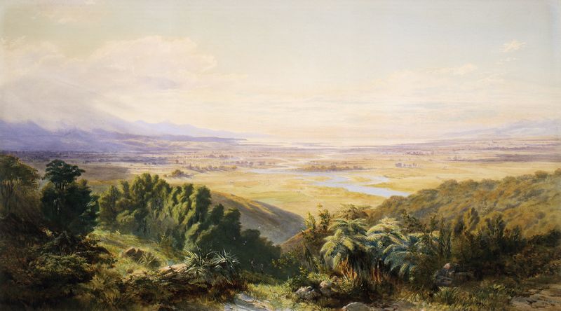 Landscape by John Gully, oil on canvas, depicting hills and a pastel sky