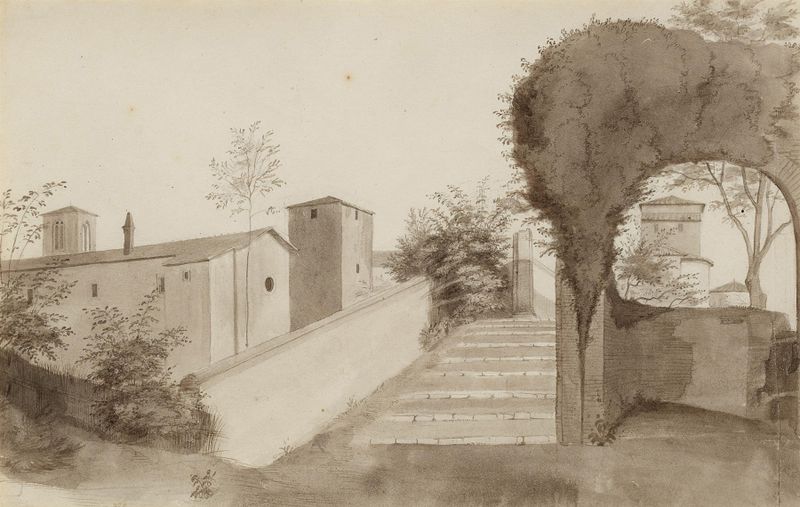 Arquitetura de claustro sob um céu suave, óleo de Friedrich Olivier