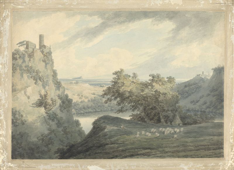 Italian Mountainous Landscape with Lake Nemi, watercolor on paper by John Robert Cozens