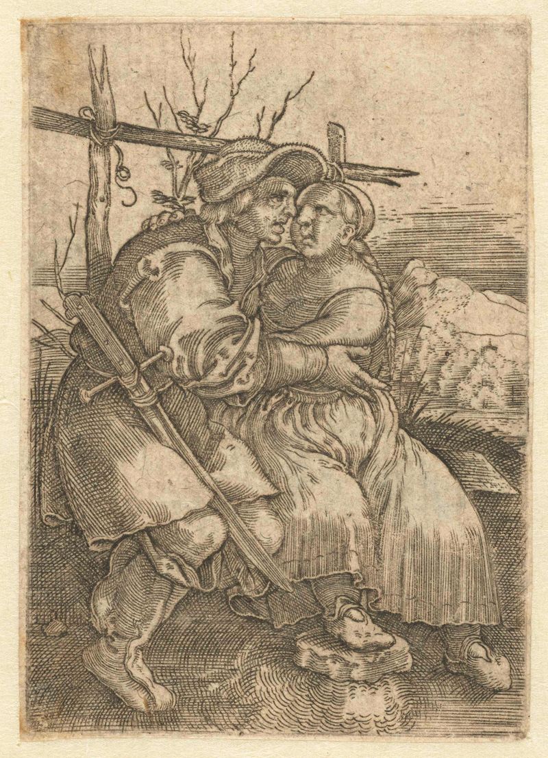 Gravura de Unknown Artist mostrando um casal em um abraço com mãos entrelaçadas.