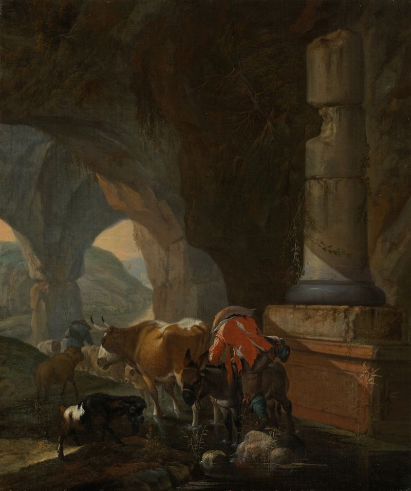 Genre scene depicting a shepherd with flock in a cave, oil painting by Johann Heinrich Roos