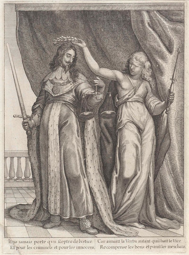 Koning Karel I van Engeland gelauwerd door Justitia, grabado de Wenceslaus Hollar