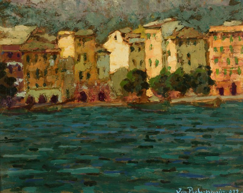 Marine scene with boats at a sunlit port by Jan Bohuszewicz, oil painting