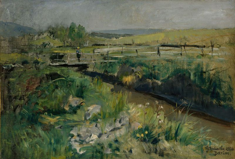 Oil painting by Gerhard Munthe depicting hills and tranquil waters.