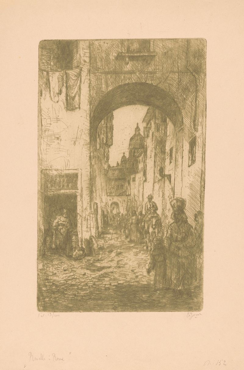 Interior scene of Ruelle, Rome by Etienne Bosch, oil painting featuring sunlight on cobblestones.