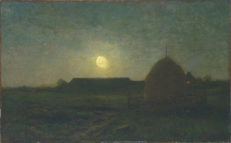 Moonlight by Dwight William Tryon, oil on canvas depicting a lake and trees illuminated by moonlight.