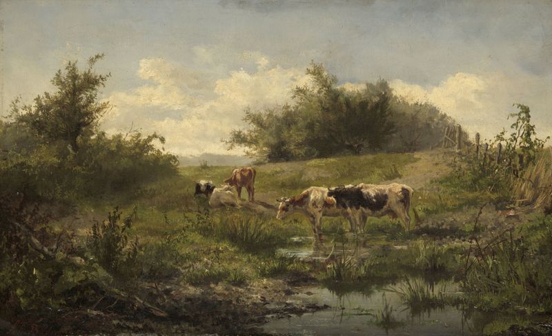 Cows at a pond, oil painting by Gerard Bilders