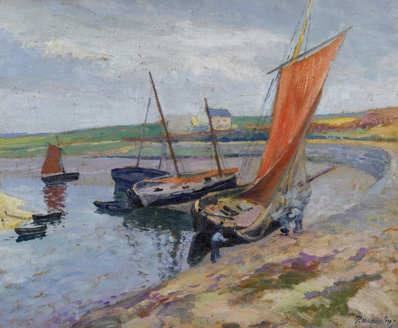 Bateaux Au Bord De La Mer by Paul Madeline, oil on canvas depicting boats by the shore