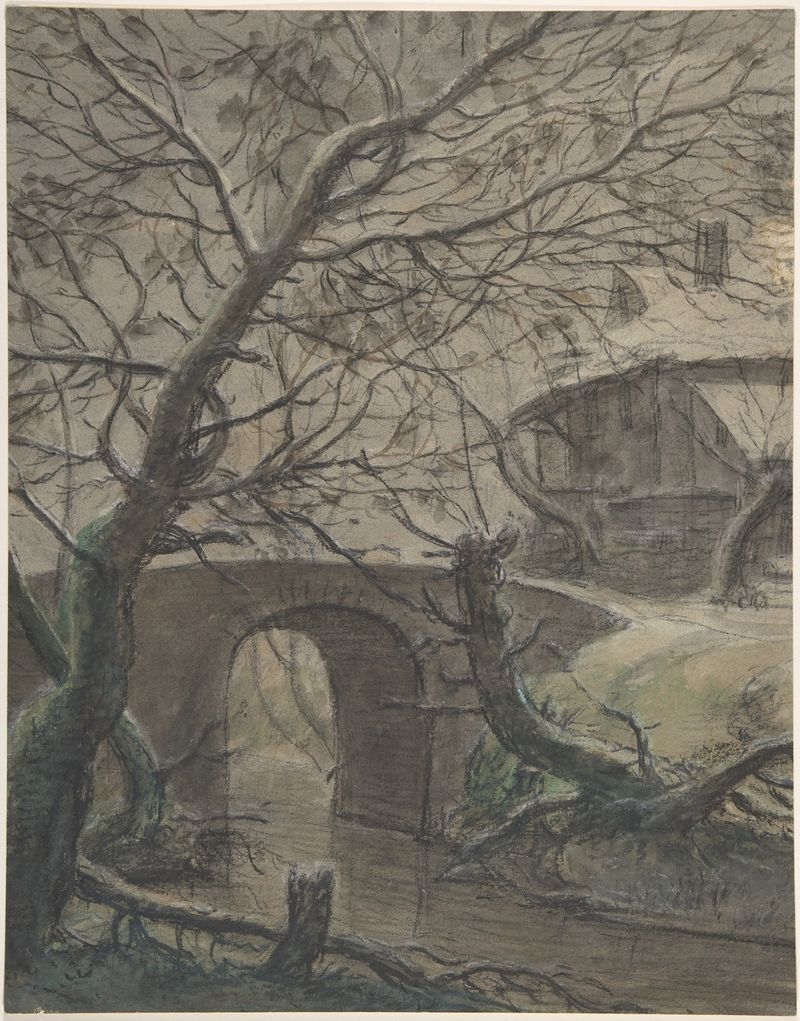 A House near a Bridge, óleo de Antonie Waterloo, que muestra una casa y un puente al atardecer.