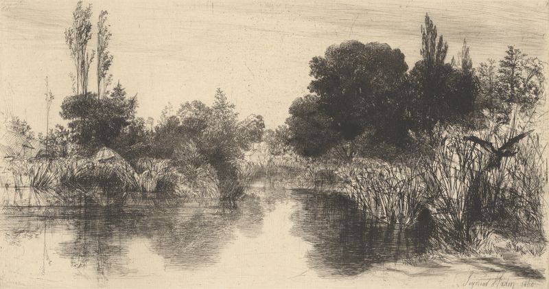 Grabado de Shere Mill Pond de Francis Seymour Haden, con aguas tranquilas y reflejos.