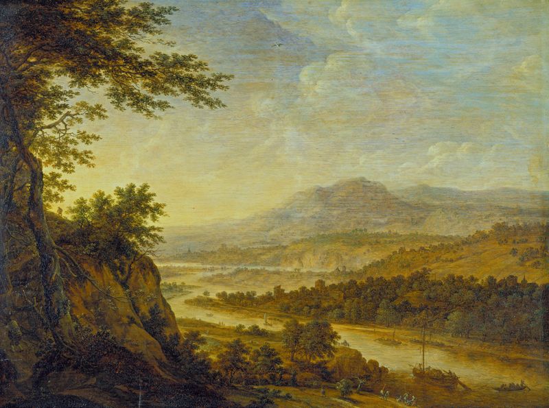 River landscape with cliffs, oil painting by Herman Saftleven III