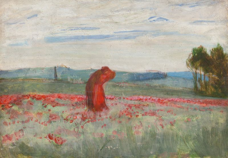 Figurative oil painting by Wojciech Weiss depicting lovers among poppies.