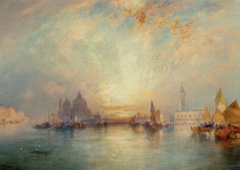 Venetian Scene de Thomas Moran, óleo sobre lienzo que representa un atardecer sobre el agua