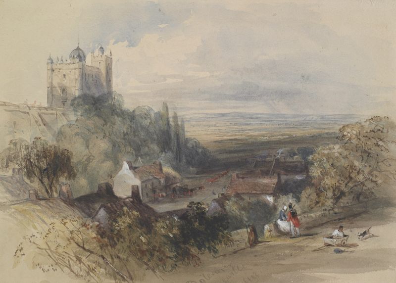 Silhouette de Bolsover Castle contra un cielo suave, Charles Walter Radclyffe, pintura al óleo