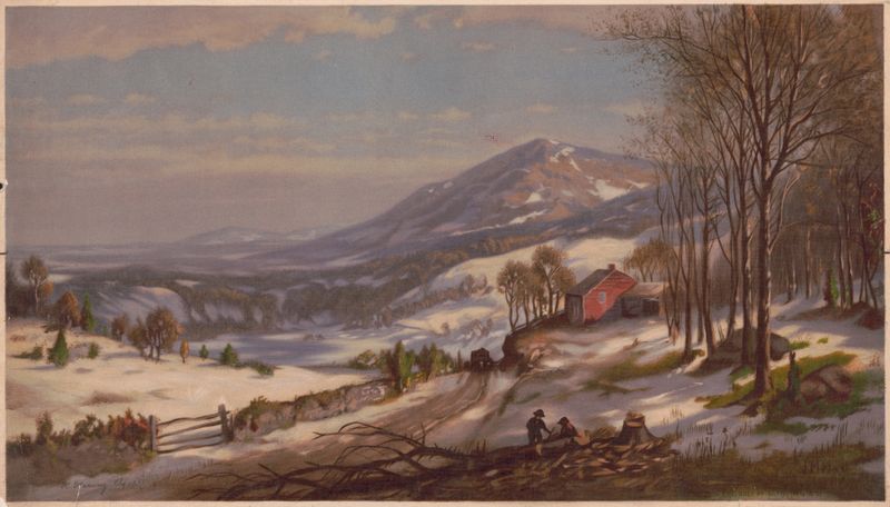 Cena de corte de madeira no inverno por William Harring, retratando uma figura solitária em uma paisagem nevada.