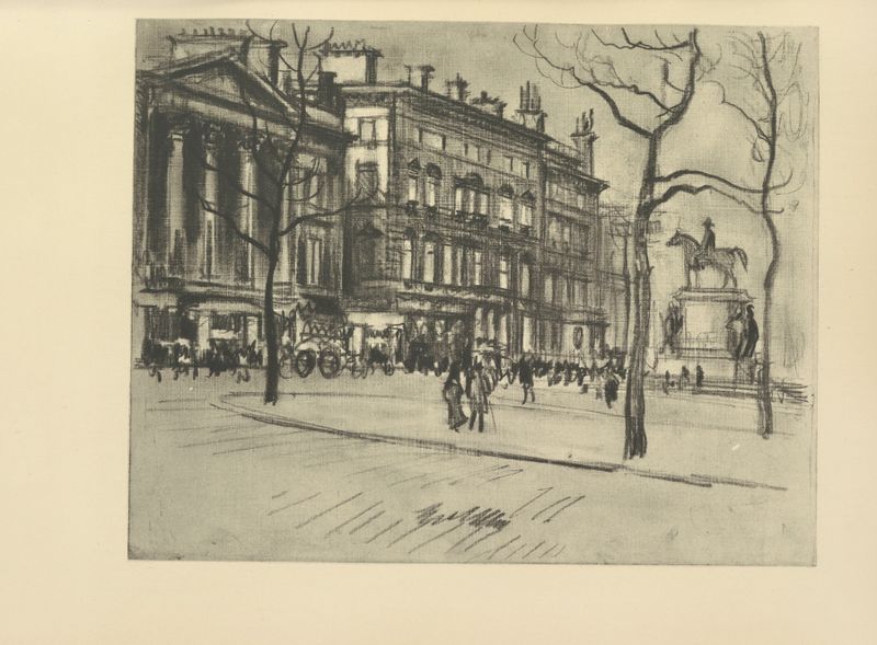 Piccadilly Palaces de Joseph Pennell, tinta sobre papel, mostrando arquitetura urbana e fachadas intrincadas.