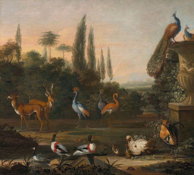Landscape with deer and exotic birds by Abraham Jansz. Begeyn, oil painting