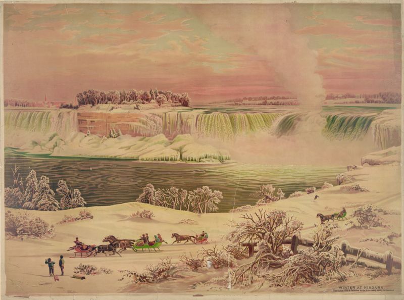 Winter landscape lithograph by Krebs Lith. Co depicting icy banks and snow.