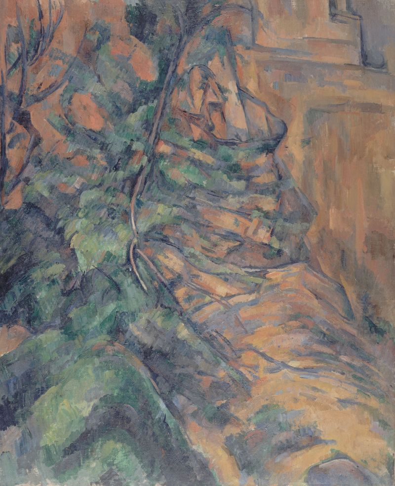 Rochers et branches à Bibémus de Paul Cezanne, pintura a óleo que retrata rochas e galhos em tons terrosos.